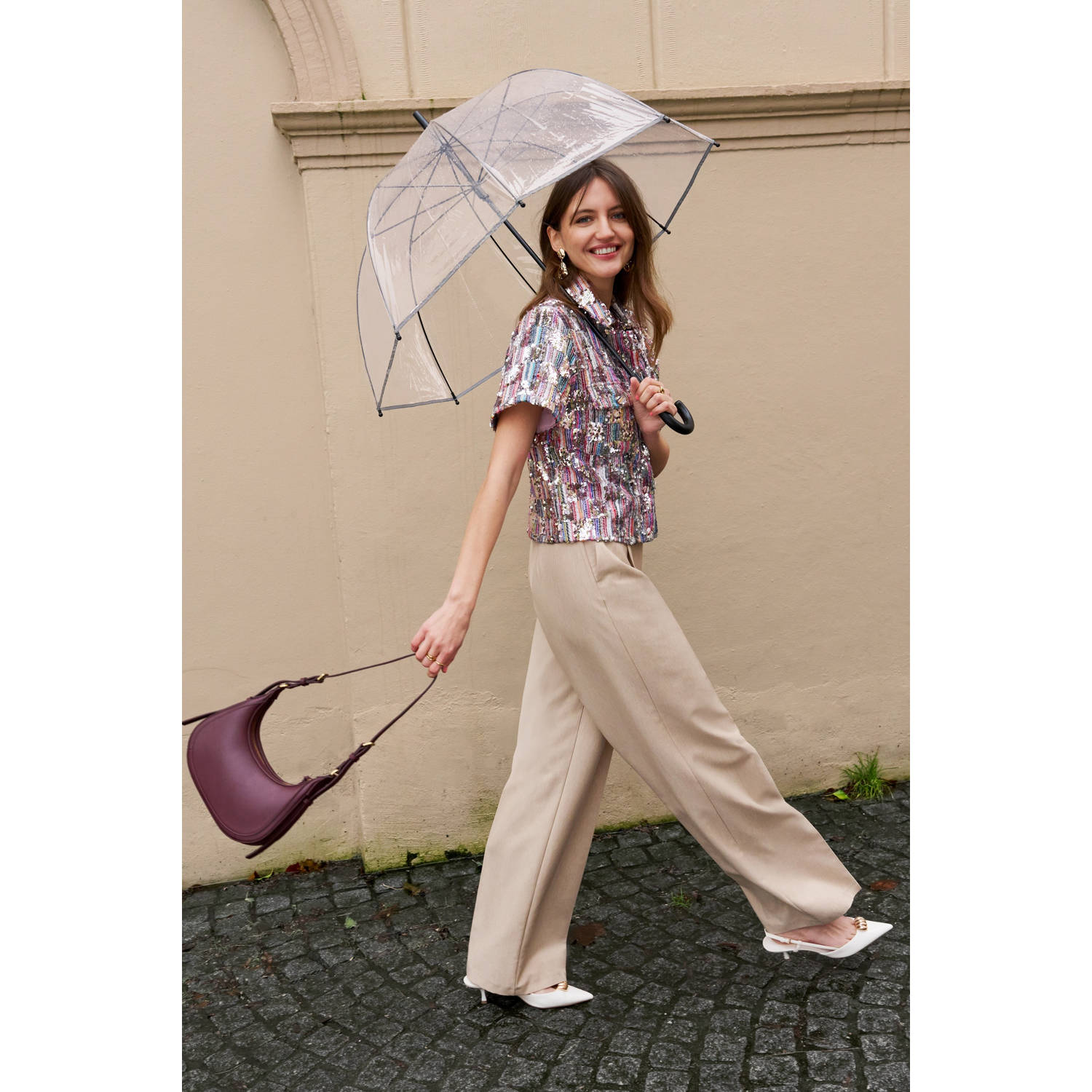 Est'seven wide leg high waist pantalon beige