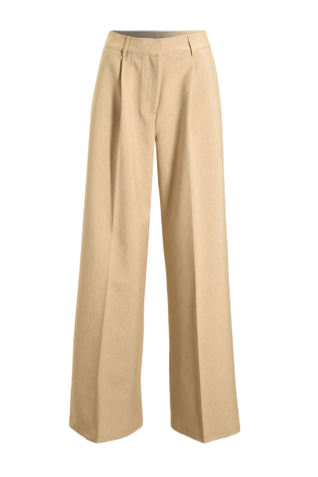 Beige dames Est'seven wide leg high waist pantalon met rits- en knoopsluiting en effen
