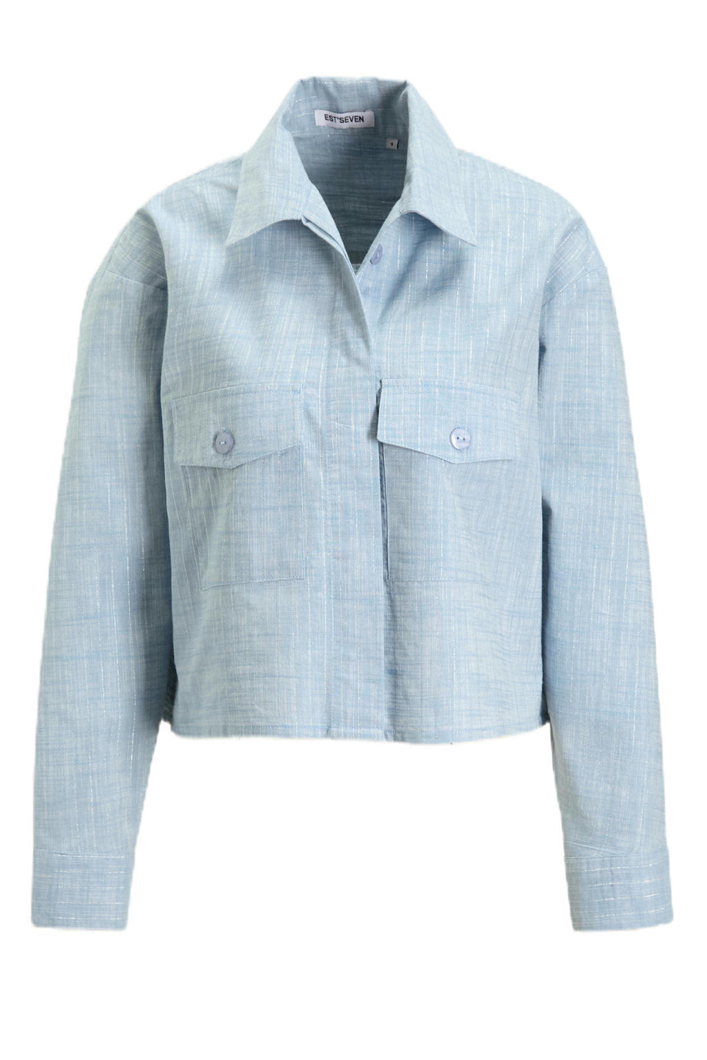 Lichtblauwe dames Est'seven blouse van viscose met effen, lange mouwen, klassieke kraag en knoopsluiting
