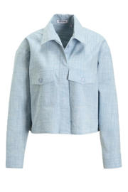 thumbnail: Lichtblauwe dames Est'seven blouse van viscose met effen, lange mouwen, klassieke kraag en knoopsluiting