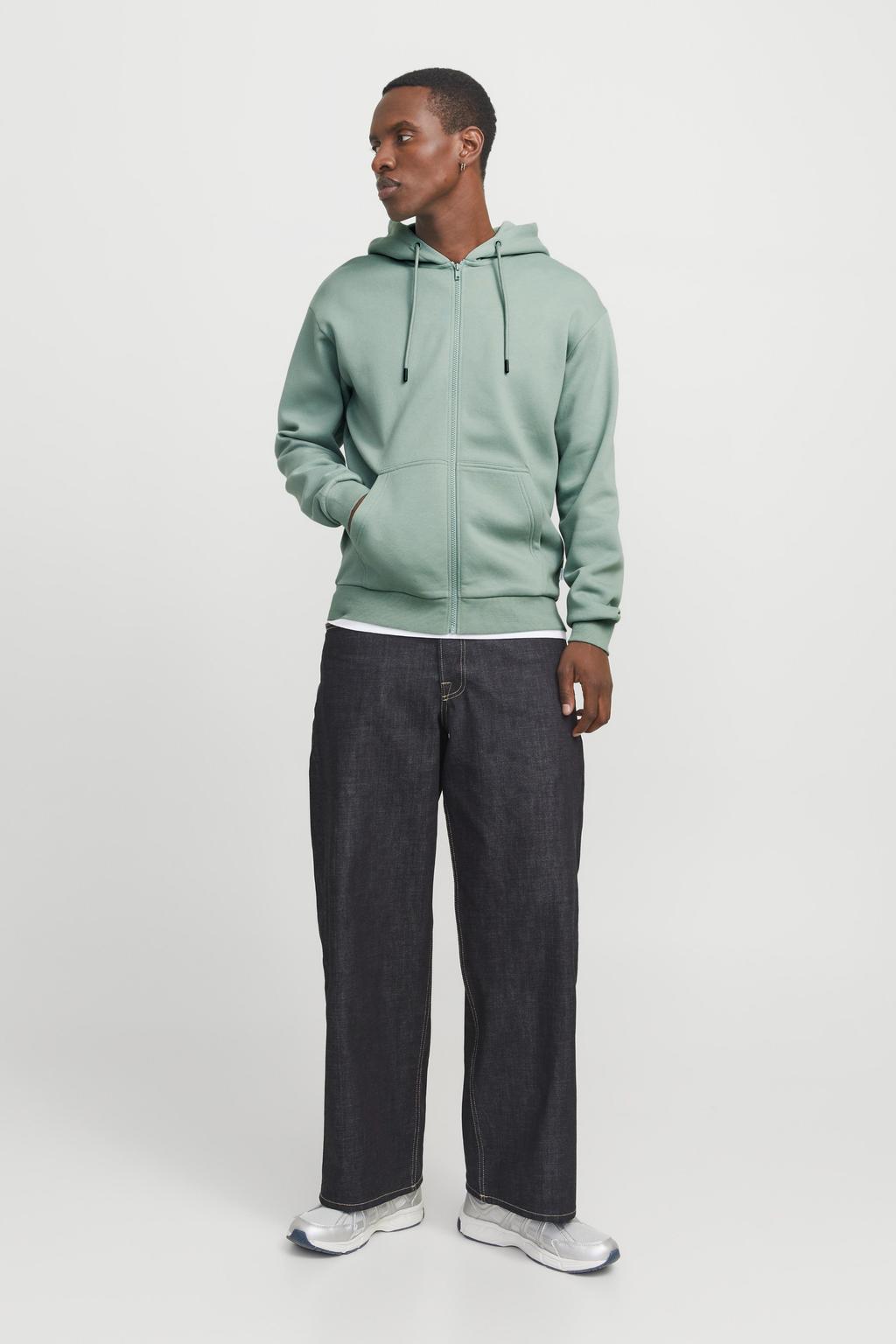 Lichtgroene heren JACK & JONES ESSENTIALS sweatvest van polyester met effen, lange mouwen, capuchon en ritssluiting