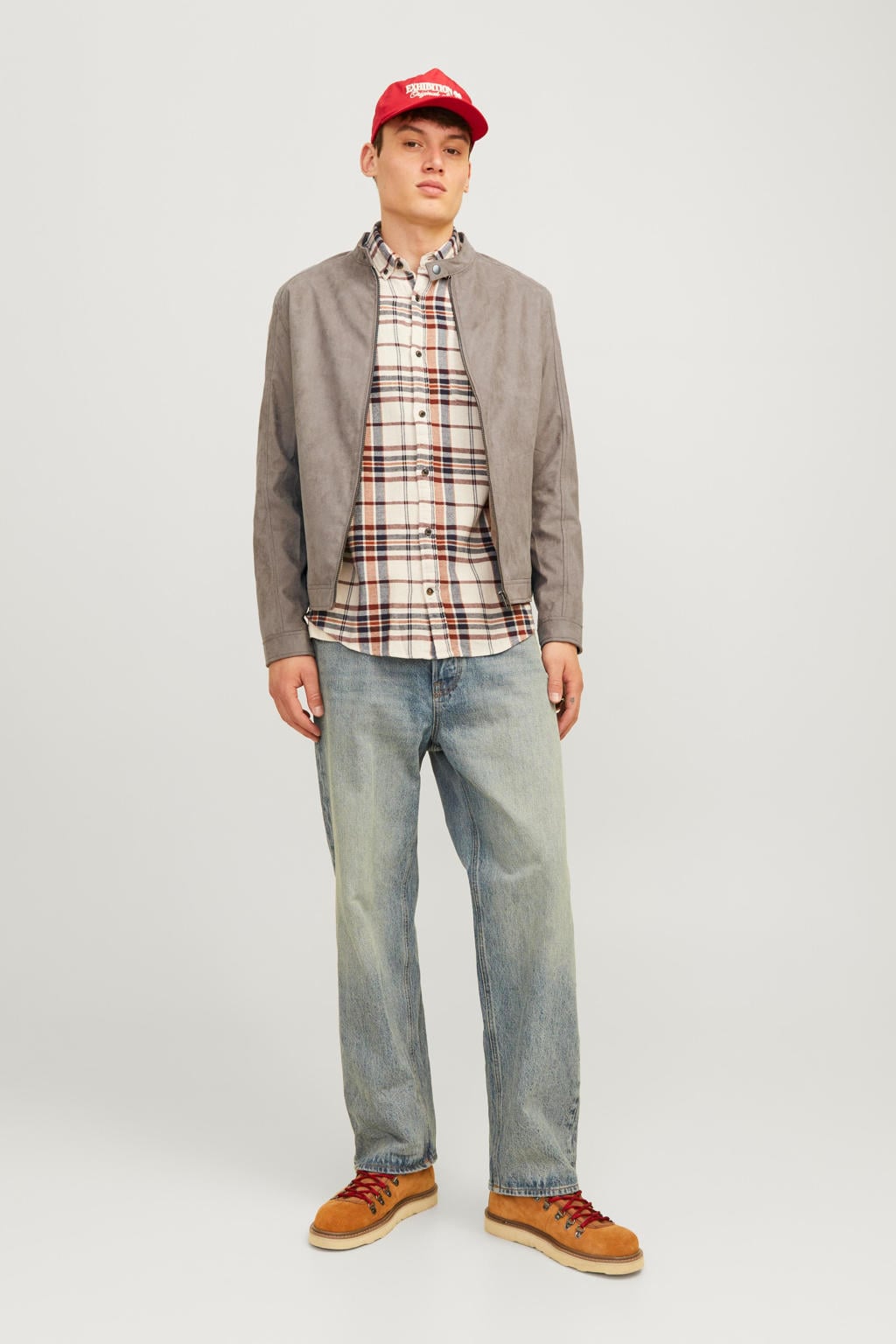 Grijze heren JACK & JONES ESSENTIALS bikerjack van imitatiesuède met effen, lange mouwen, opstaande kraag, ritssluiting en quilted