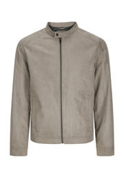 thumbnail: Grijze heren JACK & JONES ESSENTIALS bikerjack van suèdelook met effen, lange mouwen, opstaande kraag, ritssluiting en quilted