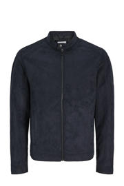 thumbnail: Zwarte heren JACK & JONES ESSENTIALS bikerjack van imitatiesuède met effen, lange mouwen, opstaande kraag en ritssluiting