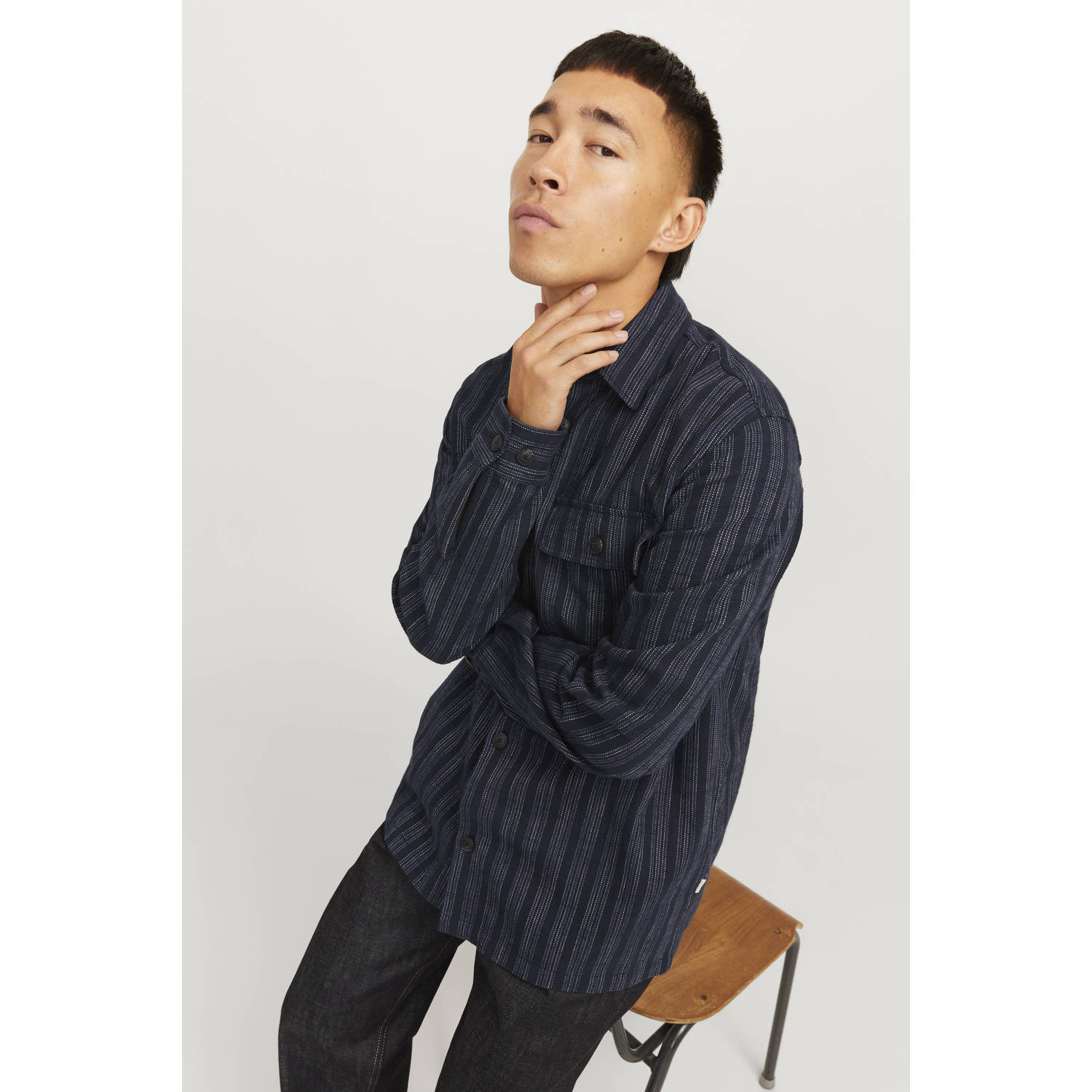 JACK & JONES PREMIUM linnen comfort fit overshirt donkerblauw