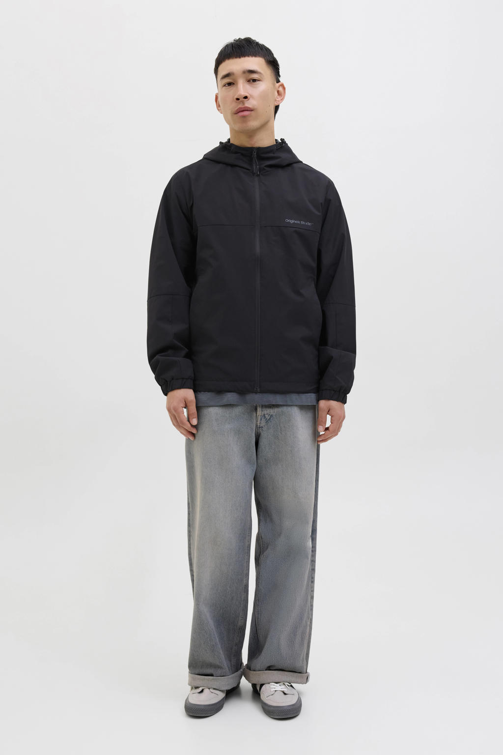 Zwarte heren JACK & JONES ORIGINALS zomerjas van polyester met effen, lange mouwen, capuchon en ritssluiting