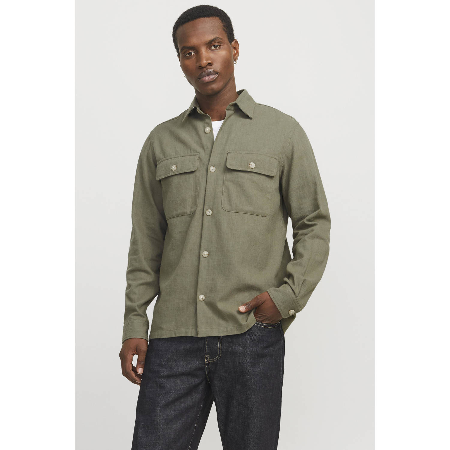 JACK & JONES PREMIUM linnen comfort fit overshirt olijfgroen