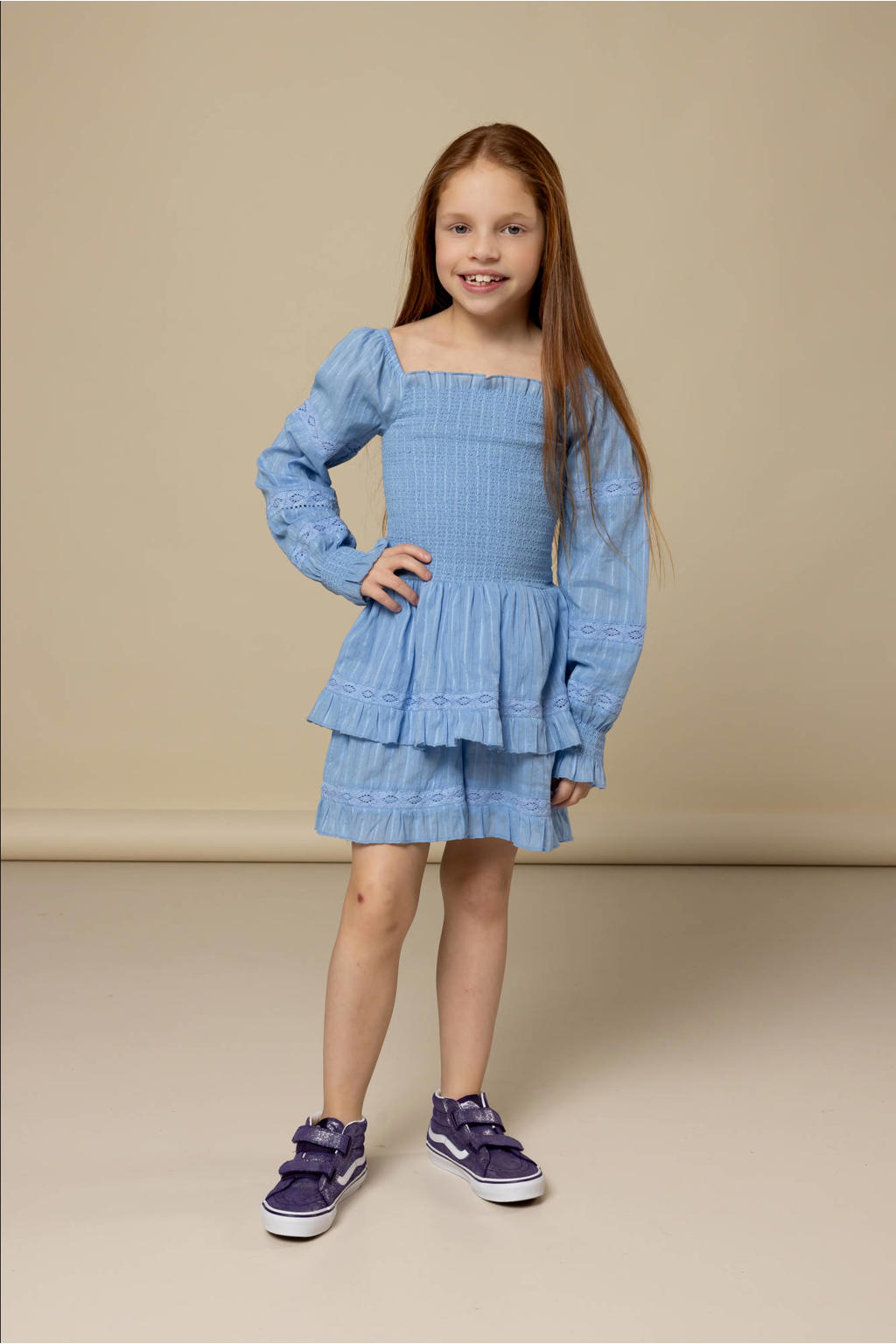 Blauwe meisjes LOOXS 10sixteen playsuit van katoen met lange mouwen en vierkante hals