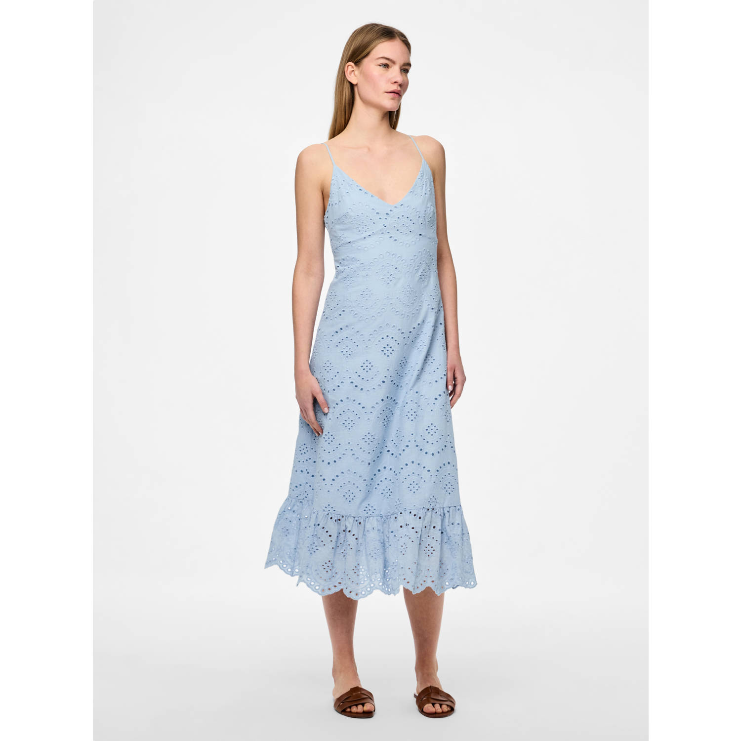 PIECES midi jurk broderie lichtblauw