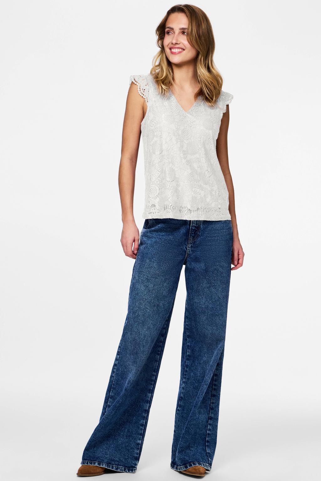 Witte dames PIECES kanten top van nylon met effen, korte mouwen, V-hals en geweven detail