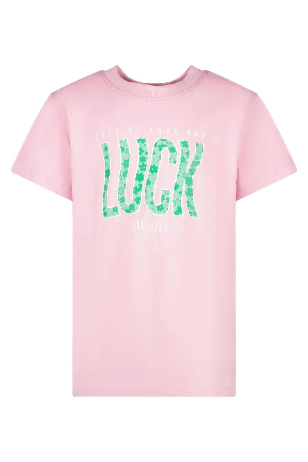 Lichtroze, wit en groene meisjes Cars T-shirt van katoen met tekst print, korte mouwen en ronde hals