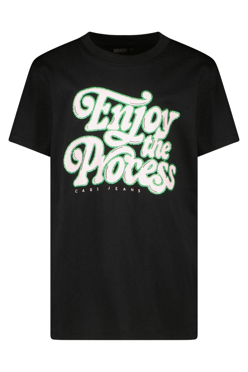 Zwart, wit en groene meisjes Cars T-shirt van katoen met tekst print, korte mouwen en ronde hals