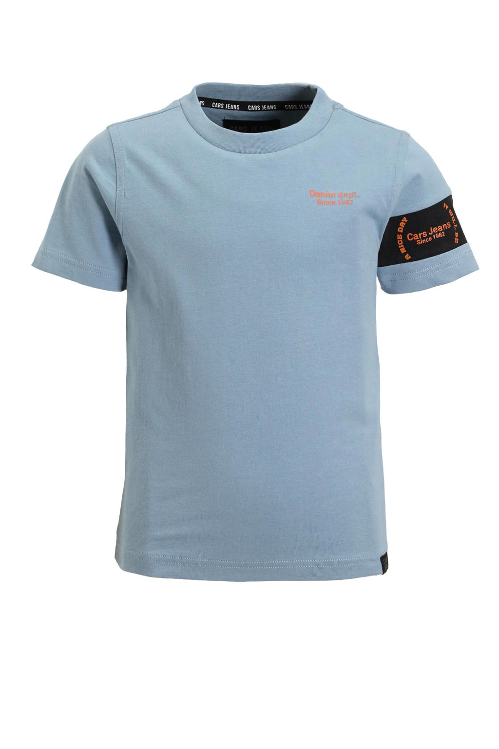 Lichtblauw en zwarte jongens Cars T-shirt van katoen met meerkleurige print, korte mouwen en ronde hals