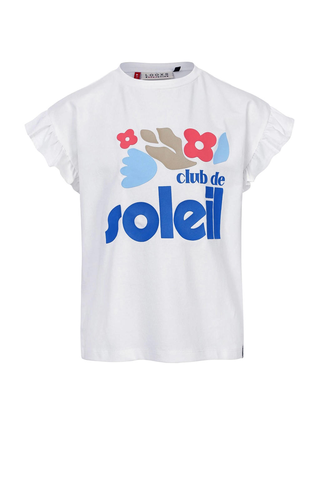 Witte meisjes LOOXS little T-shirt van stretchkatoen met printopdruk, korte mouwen, ronde hals en ruches
