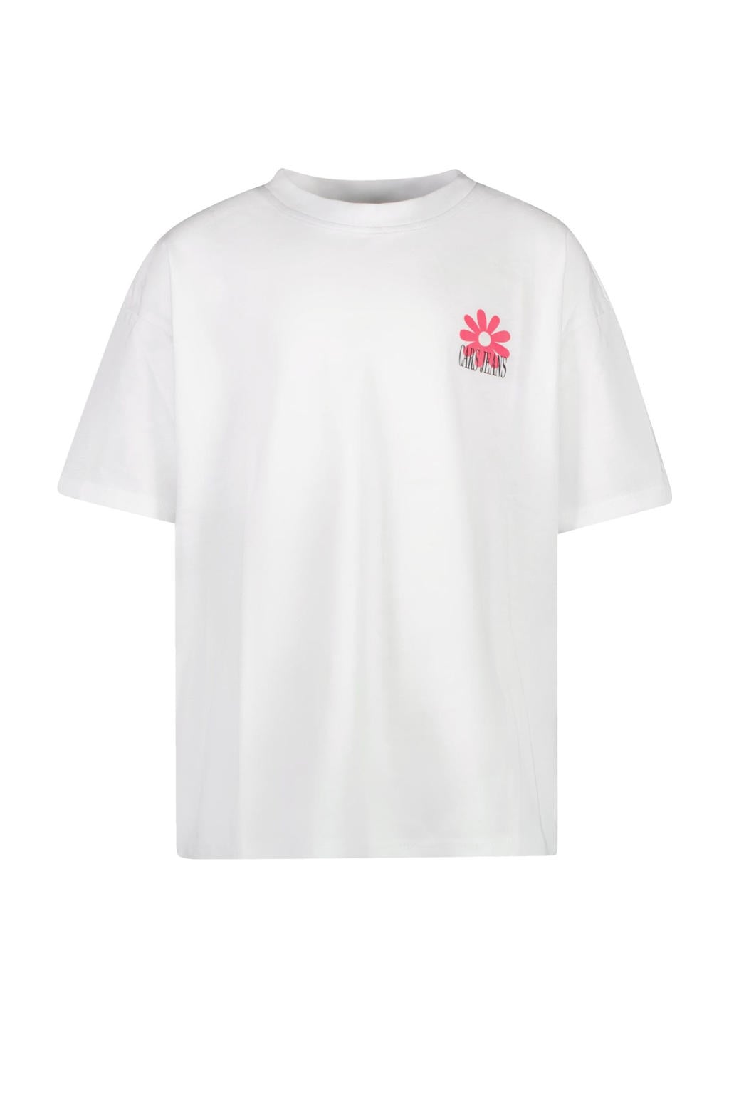 Wit, zwart en roze meisjes Cars T-shirt van katoen met backprint, korte mouwen en ronde hals