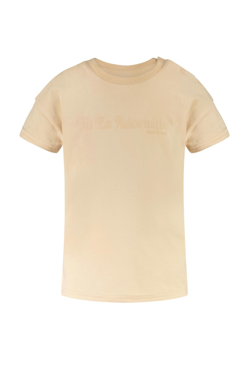 Beige meisjes Little Cars T-shirt van stretchkatoen met tekst print, korte mouwen, ronde hals en drukknoopsluiting