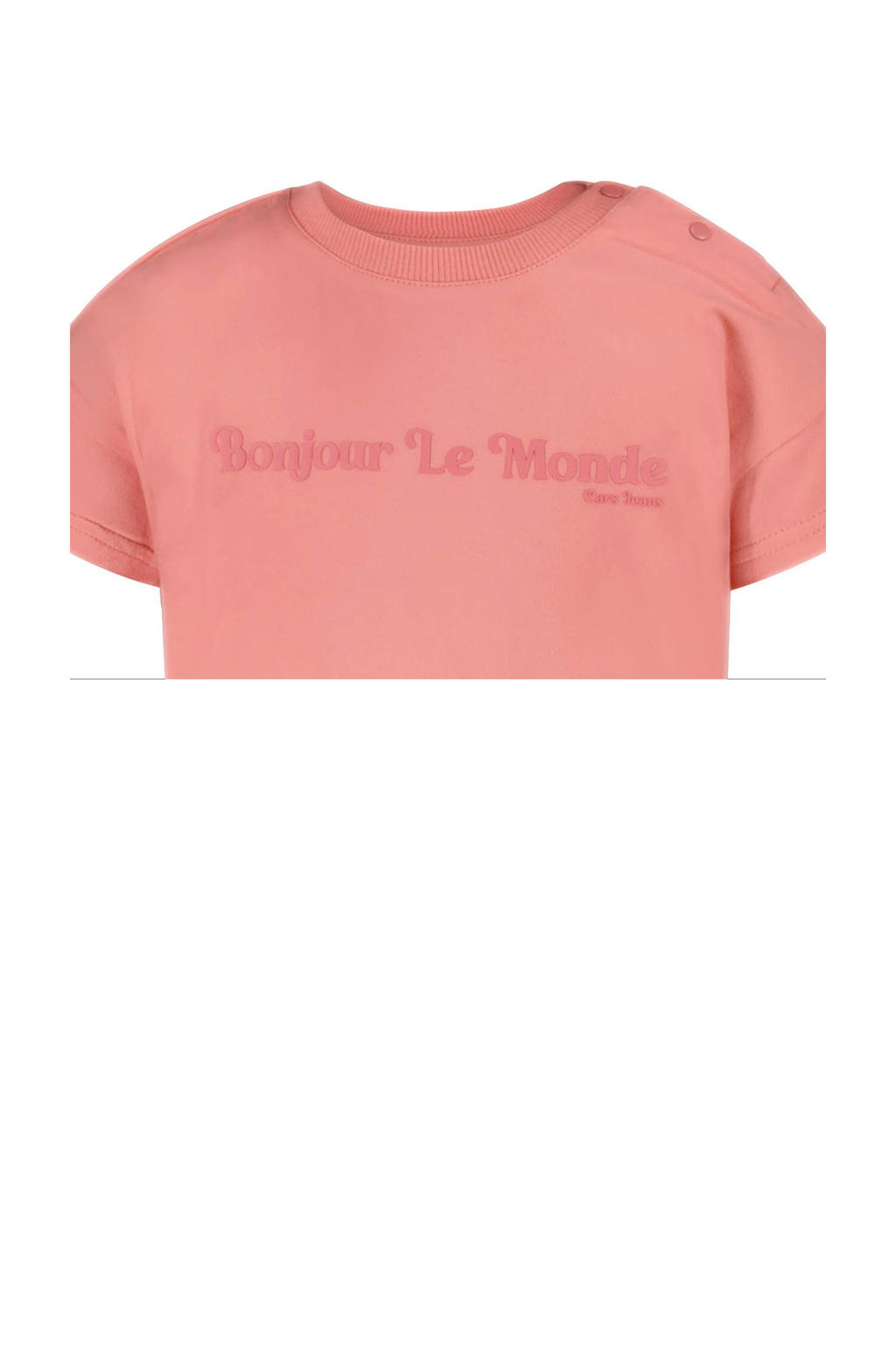 Roze meisjes Little Cars T-shirt van stretchkatoen met tekst print, korte mouwen, ronde hals en drukknoopsluiting