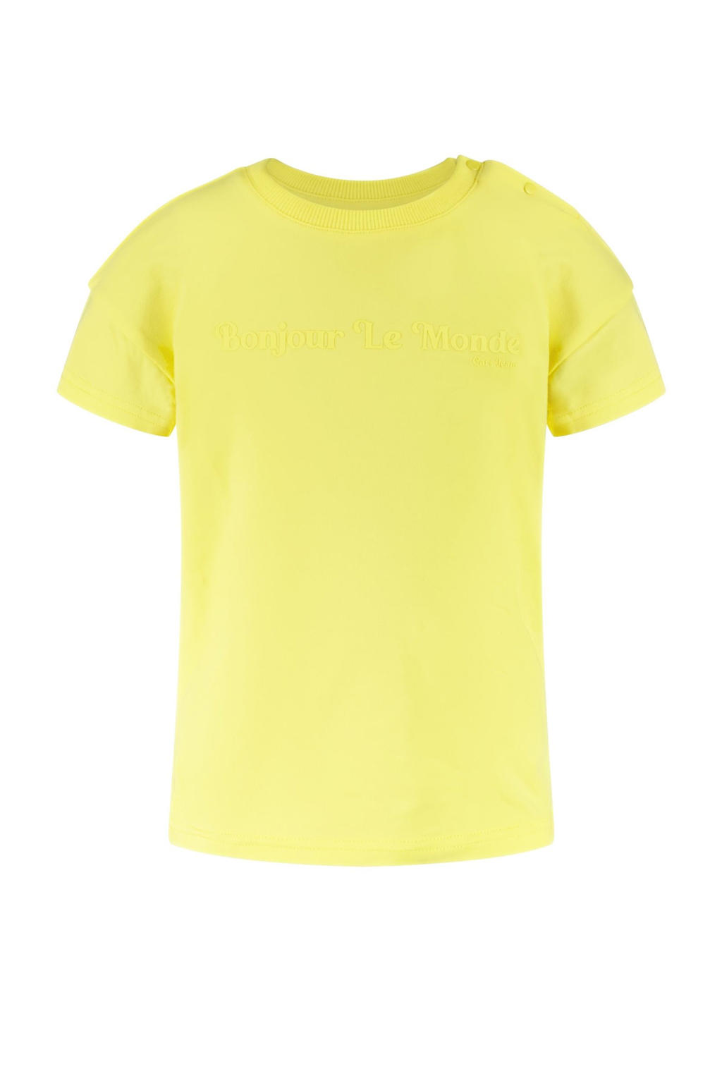 Gele meisjes Little Cars T-shirt van stretchkatoen met tekst print, korte mouwen, ronde hals en drukknoopsluiting