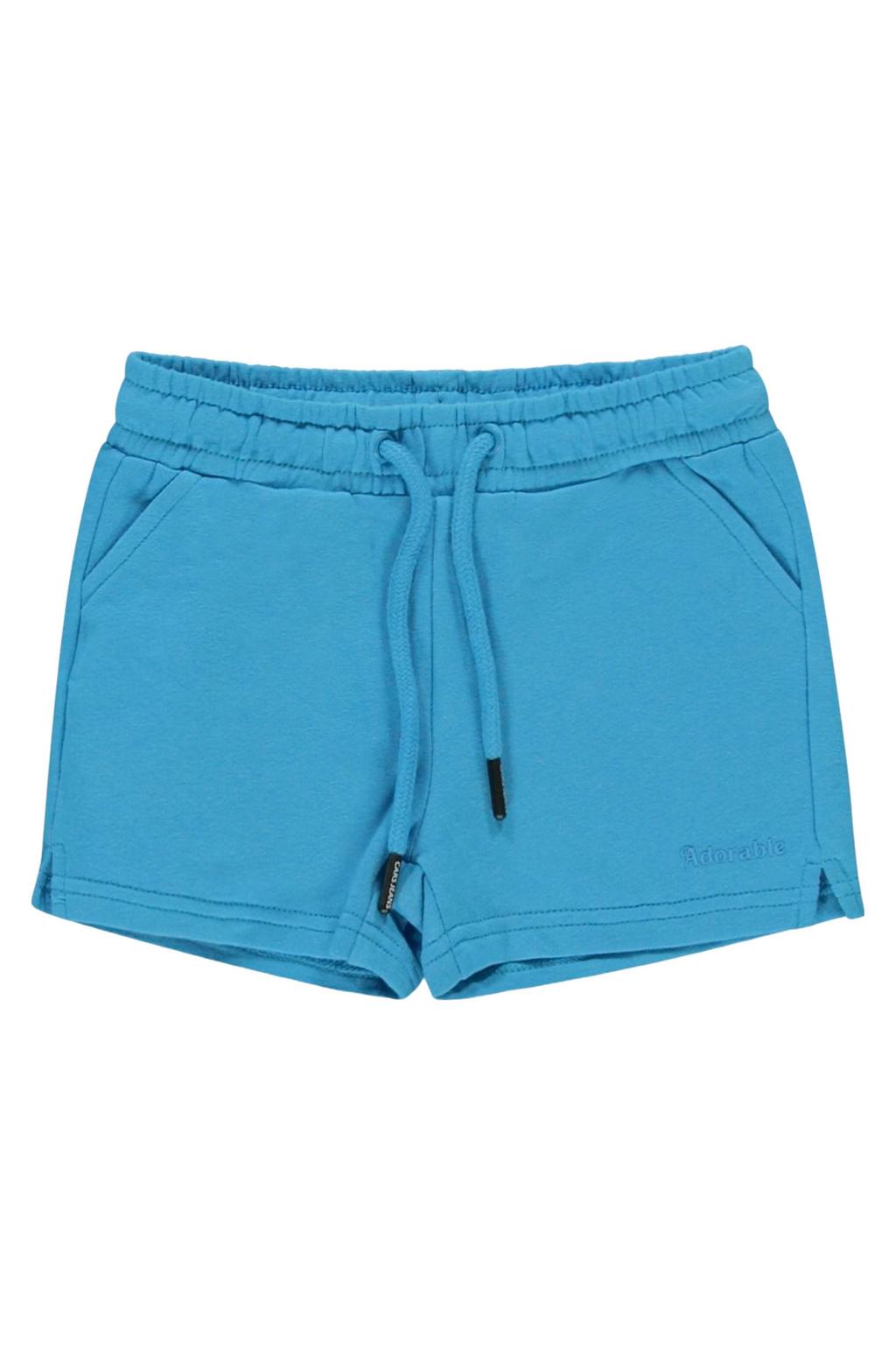 Blauwe meisjes Little Cars sweatshort van stretchkatoen met elastische tailleband met koord en effen