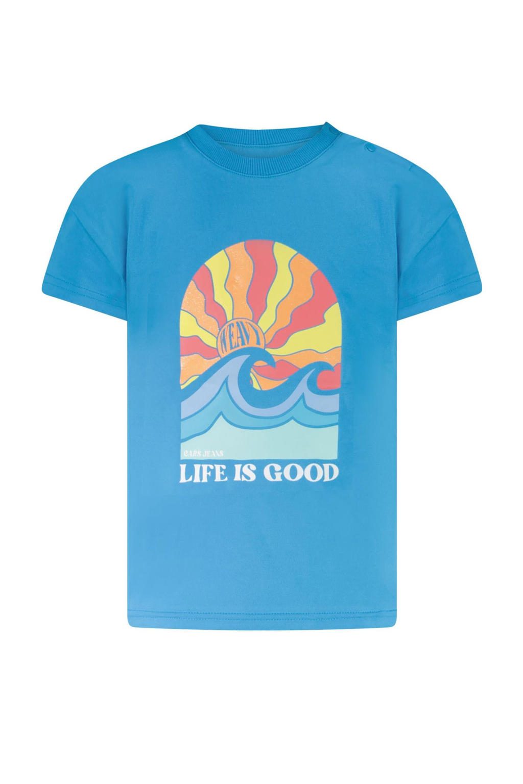 Blauwe meisjes Little Cars T-shirt van stretchkatoen met printopdruk, korte mouwen, ronde hals en drukknoopsluiting