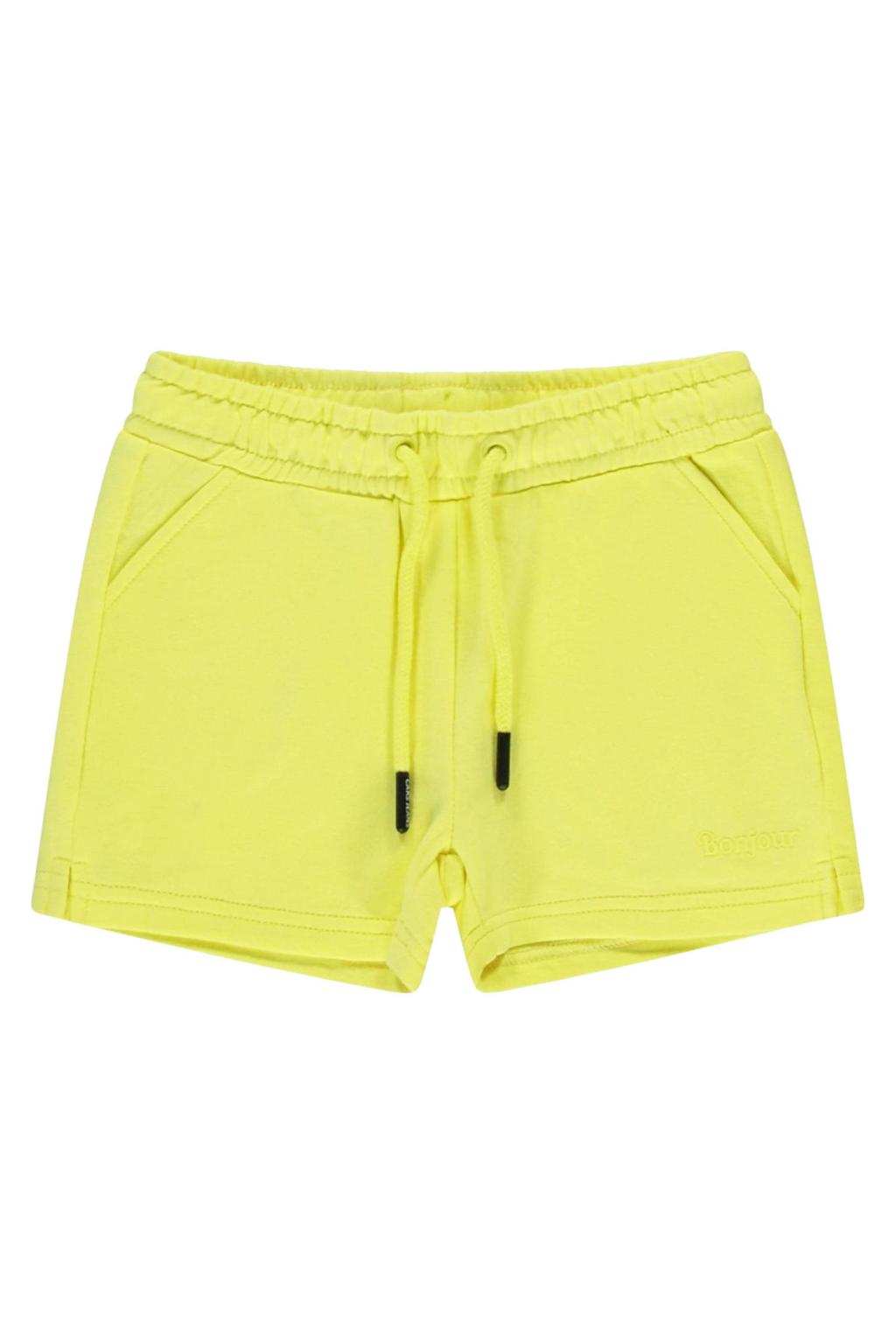 Gele meisjes Little Cars sweatshort van stretchkatoen met elastische tailleband met koord en effen