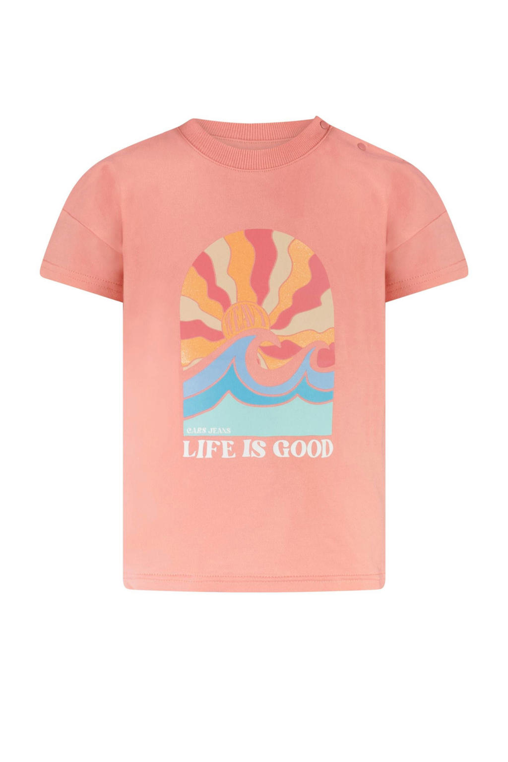 Roze meisjes Little Cars T-shirt van stretchkatoen met printopdruk, korte mouwen, ronde hals en drukknoopsluiting