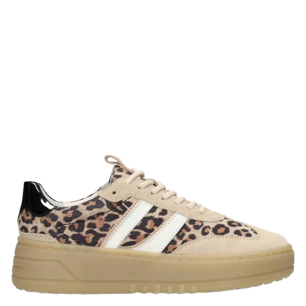 Bruin en beige dames Poelman Anemone leren sneakers met veters en panterprint