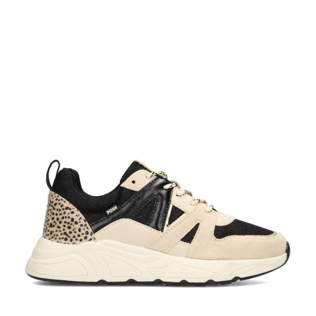 Zwart en beige dames POSH by Poelman Carocel chunky sneakers van synthetisch materiaal met veters