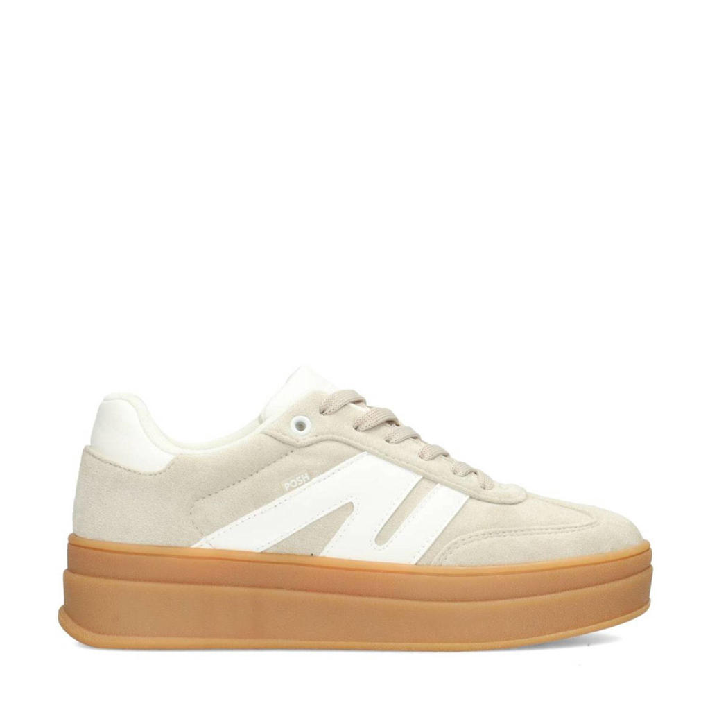 Beige dames POSH by Poelman Noë sneakers van microfiber met plateauzool en veters