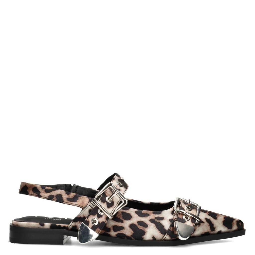 Beige dames POSH by Poelman Julia slingback loafers van imitatieleer met gesp en panterprint