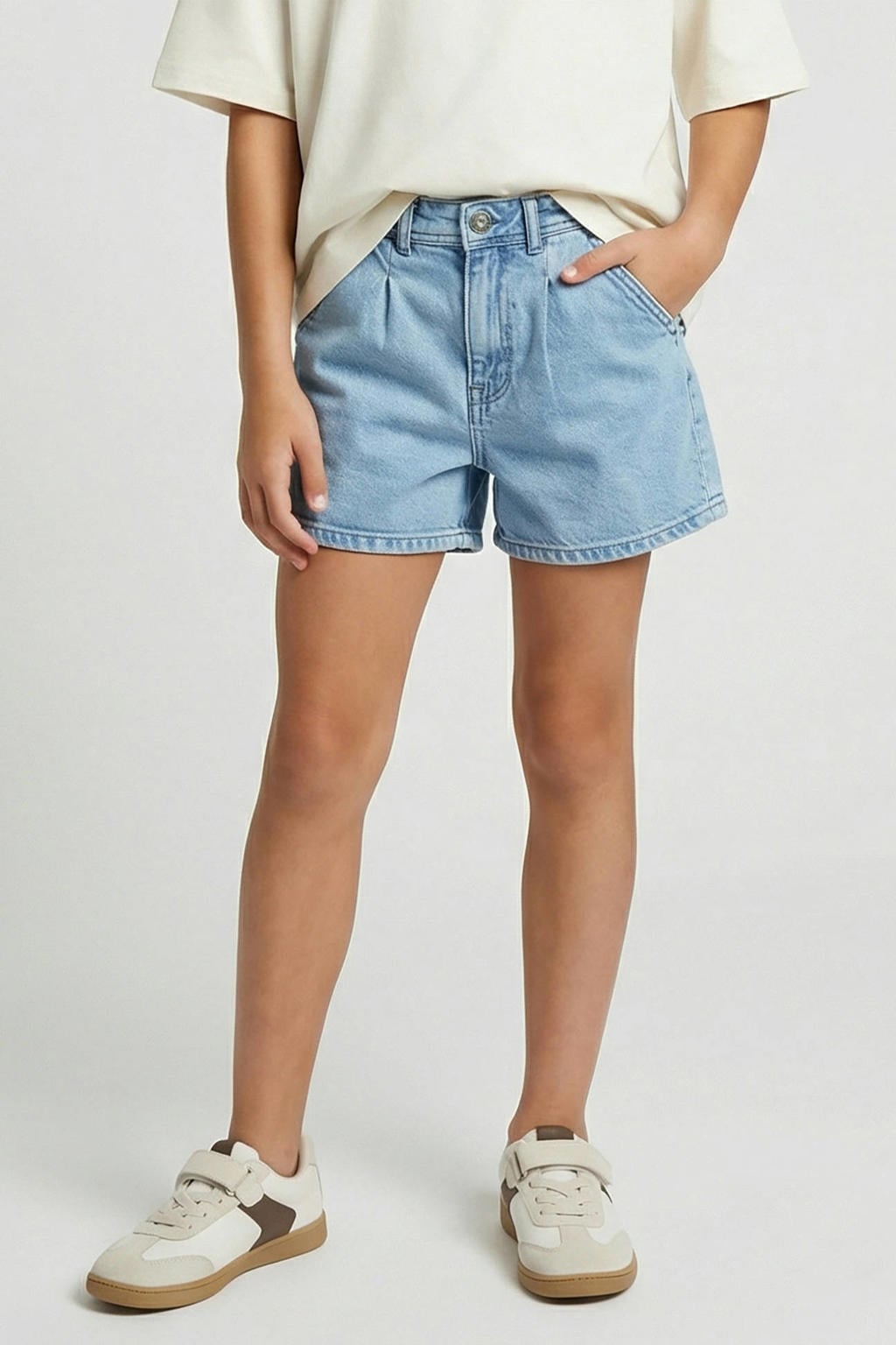 Light blue denim meisjes Cars regular short van katoen met rits- en knoopsluiting en effen