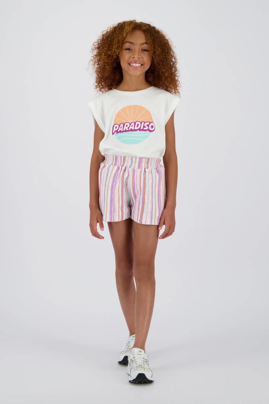 Lichtblauw, lila en oranje meisjes Vingino regular casual short van katoen met high waist, elastische tailleband en strepenprint