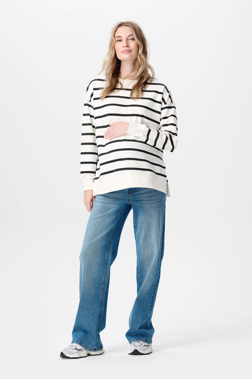 Blauwe dames Noppies maternity high waist zwangerschapskleding wide leg jeans van denim met knoopsluiting en effen