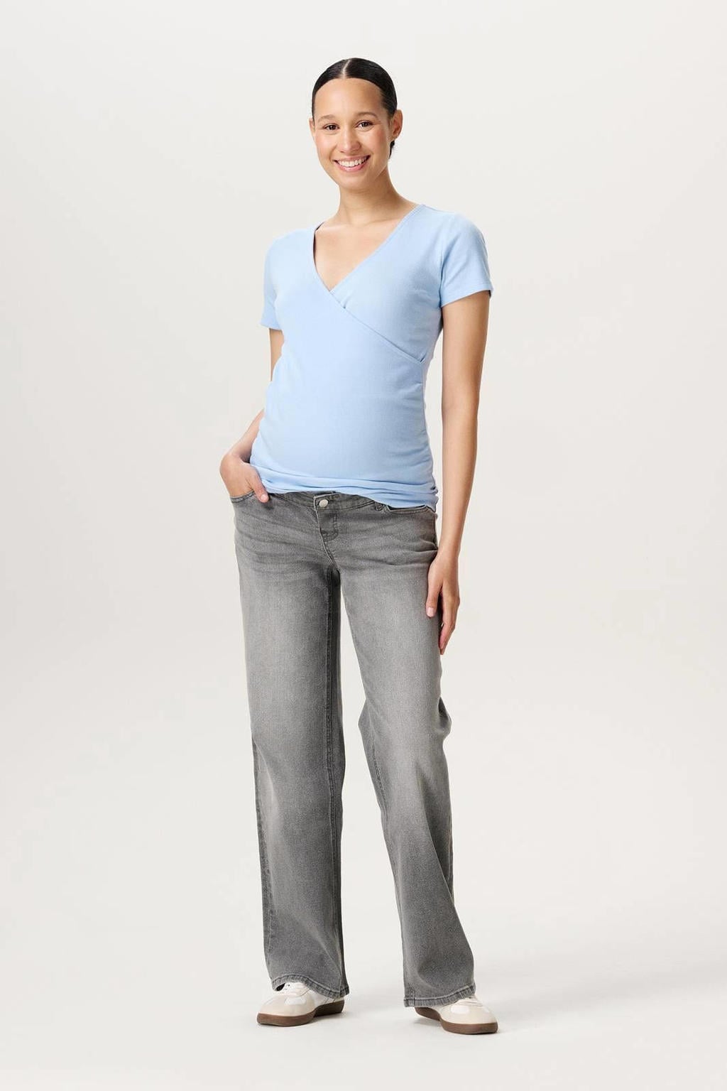 Grey denim dames Noppies maternity high waist zwangerschapskleding wide leg jeans van denim met knoopsluiting en effen