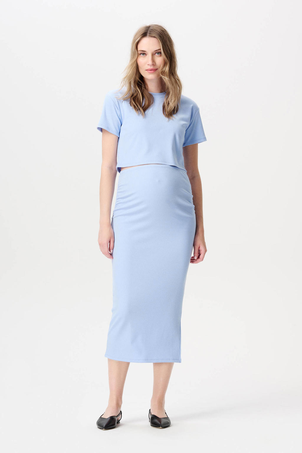 Lichtblauwe dames Noppies maternity zwangerschaps- en voedings cropped top van polyester met korte mouwen, ronde hals en textuur