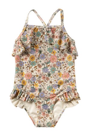 badpak met ruches ecru/blauw/roze