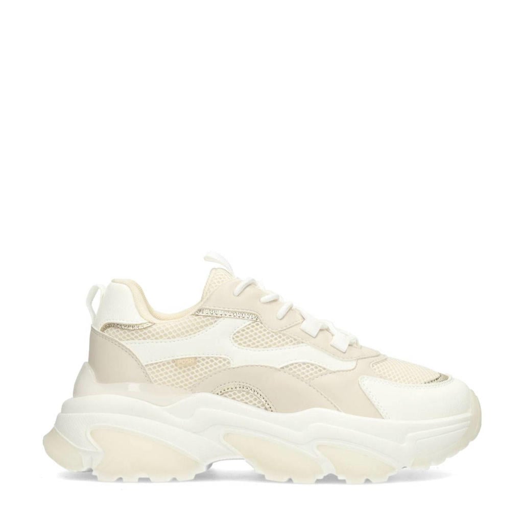 Ecru dames POSH by Poelman Polly chunky sneakers van imitatieleer met veters