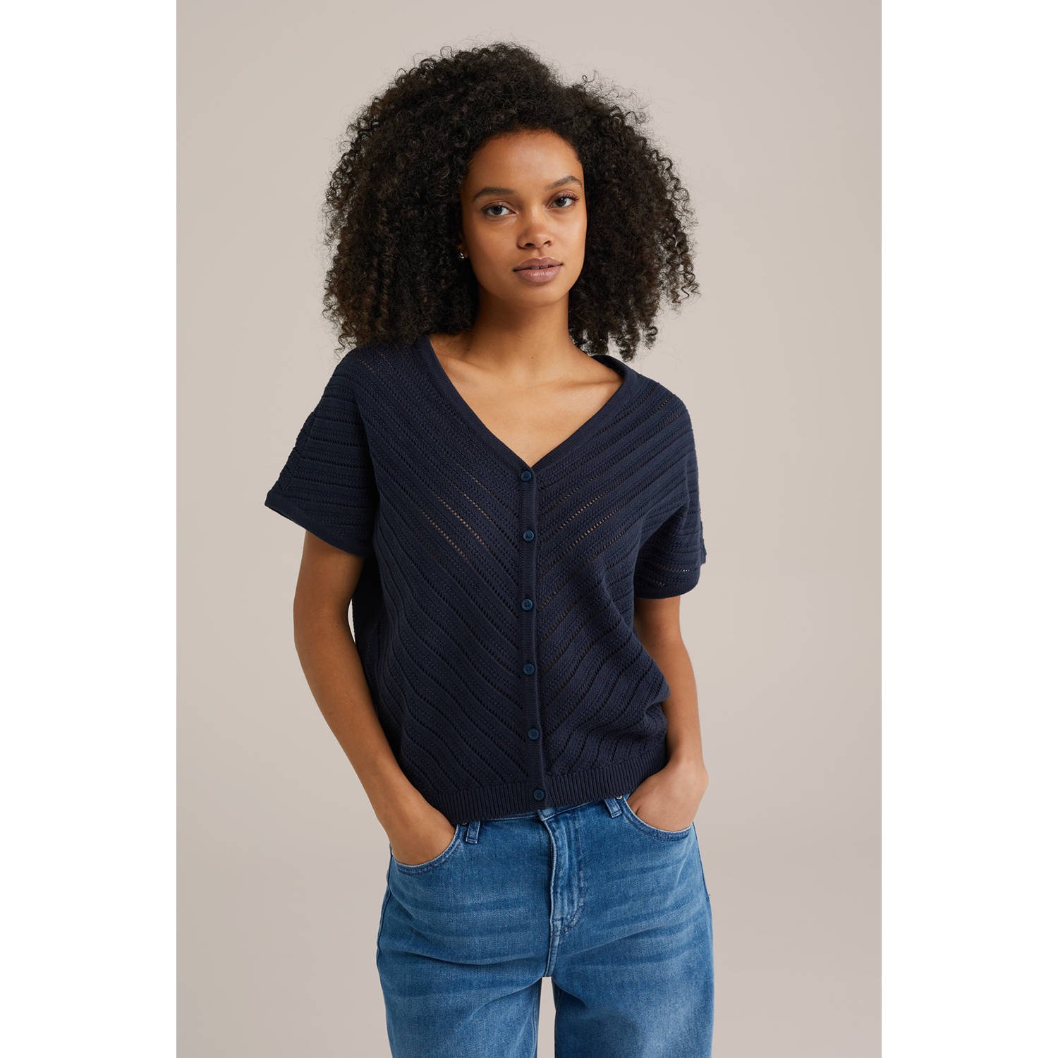 WE Fashion vest marine fijn gebreid