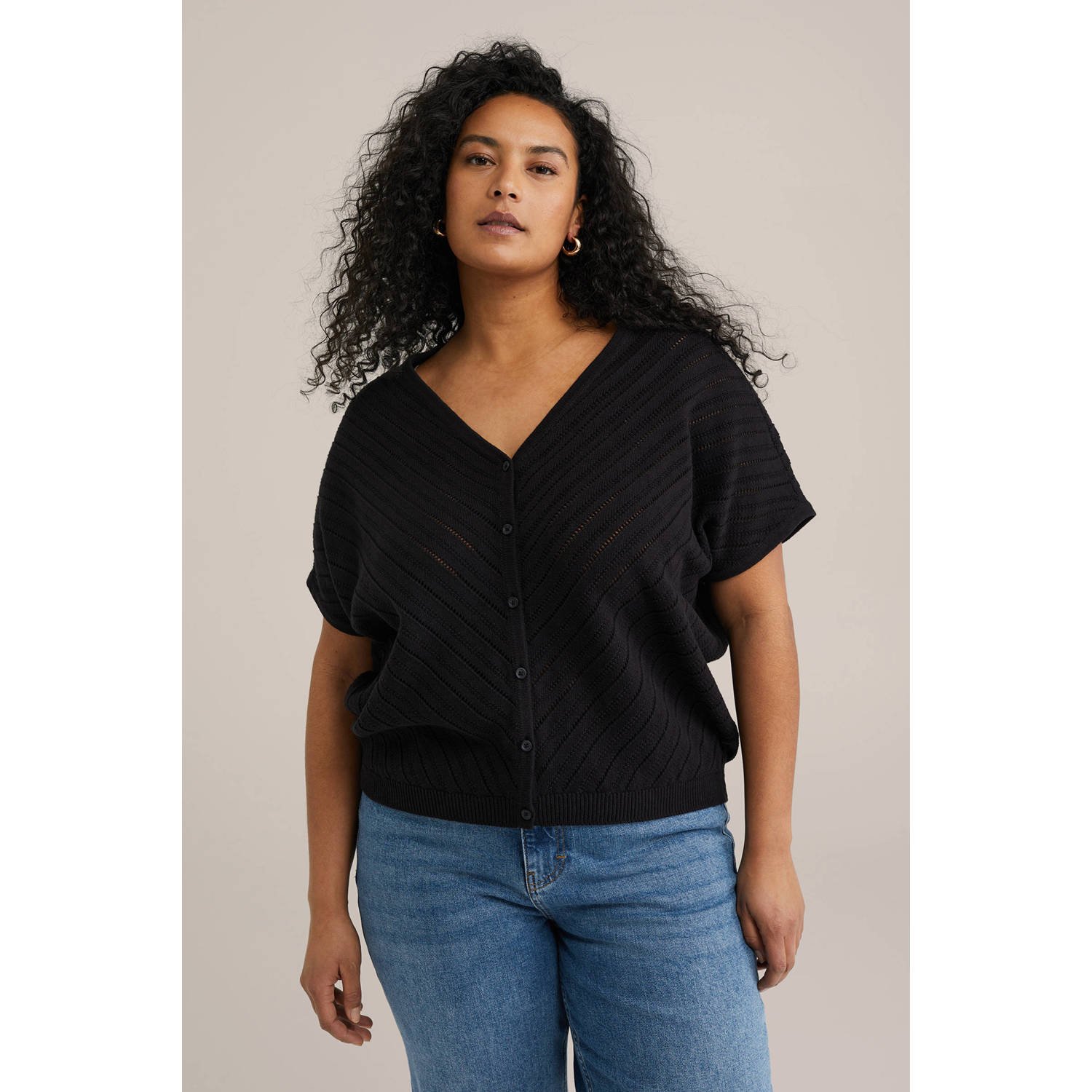 WE Fashion Curve vest zwart fijn gebreid