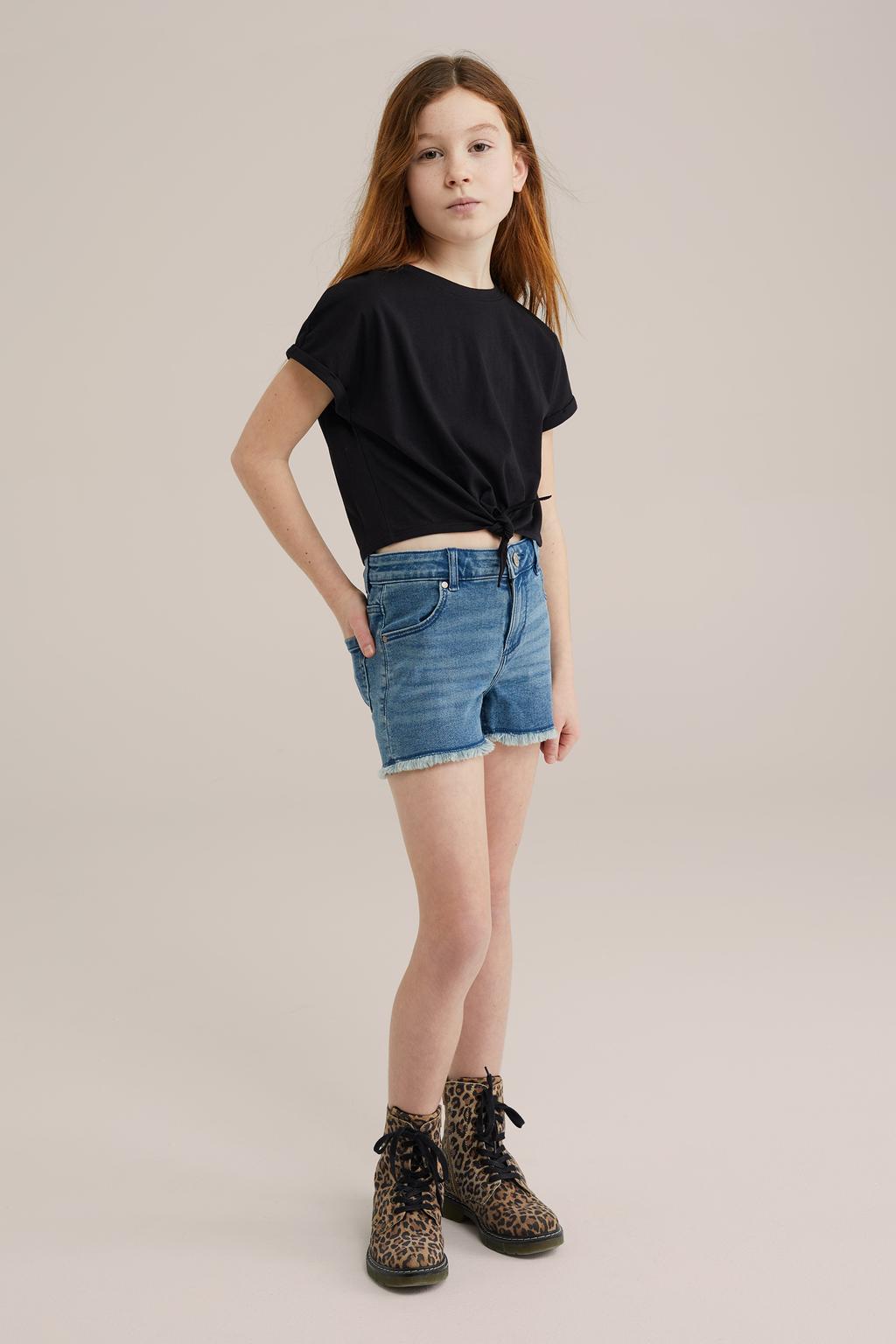 Medium blue denim meisjes WE Fashion Blue Ridge slim short met high waist en effen