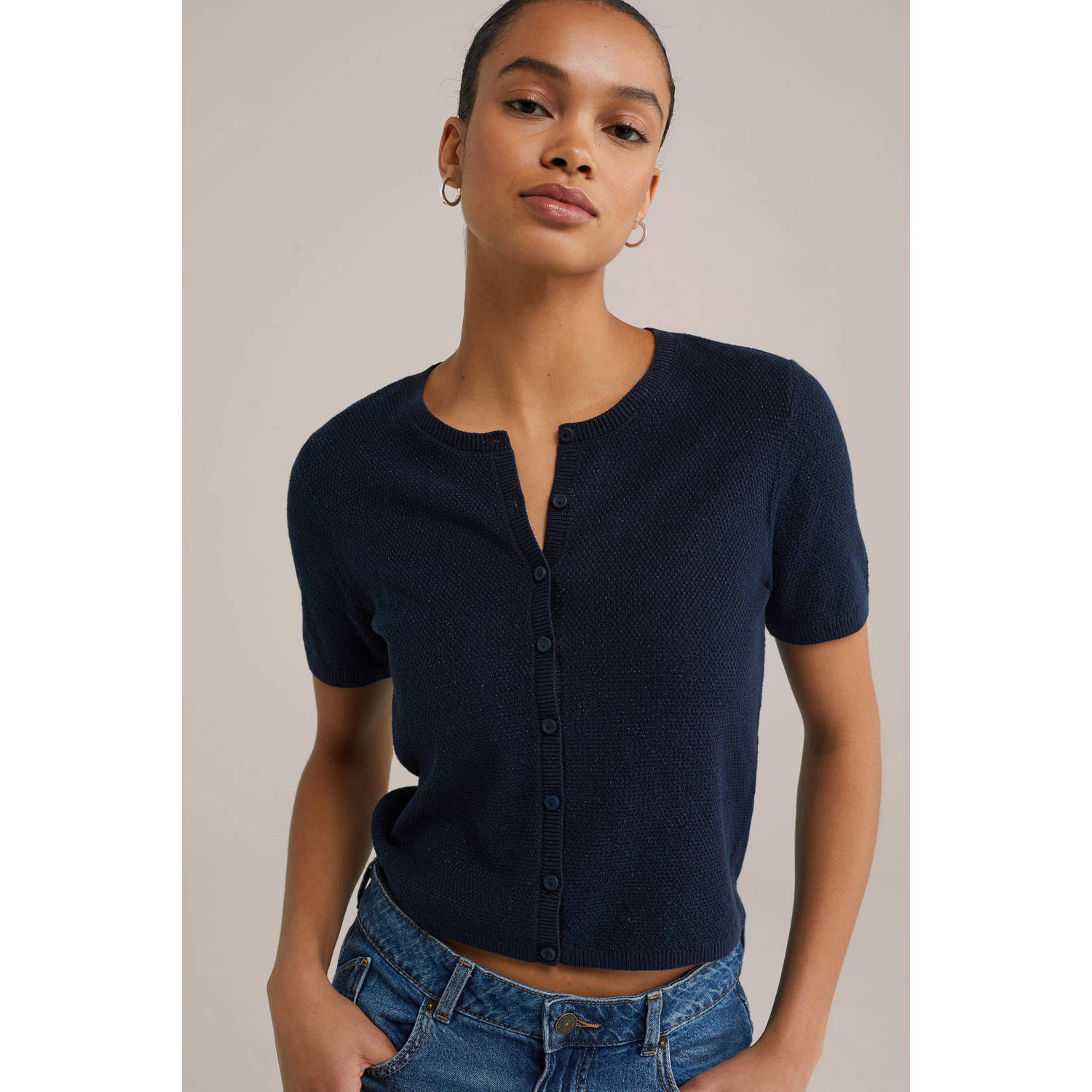 WE Fashion gebreid vest donkerblauw met lurex