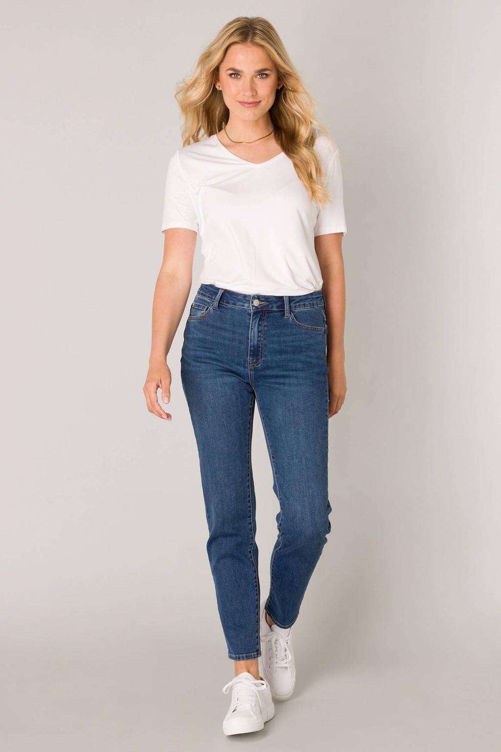 Medium blue denim dames Base Level van stretchdenim met regular waist, rits- en knoopsluiting en effen
