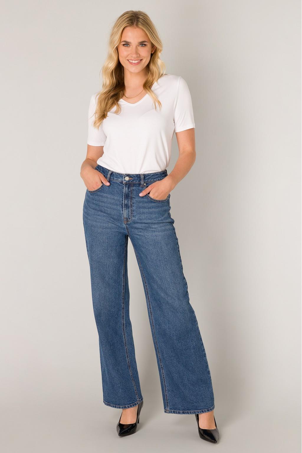 Medium blue denim dames Base Level high waist wide leg jeans van denim met rits- en knoopsluiting en effen