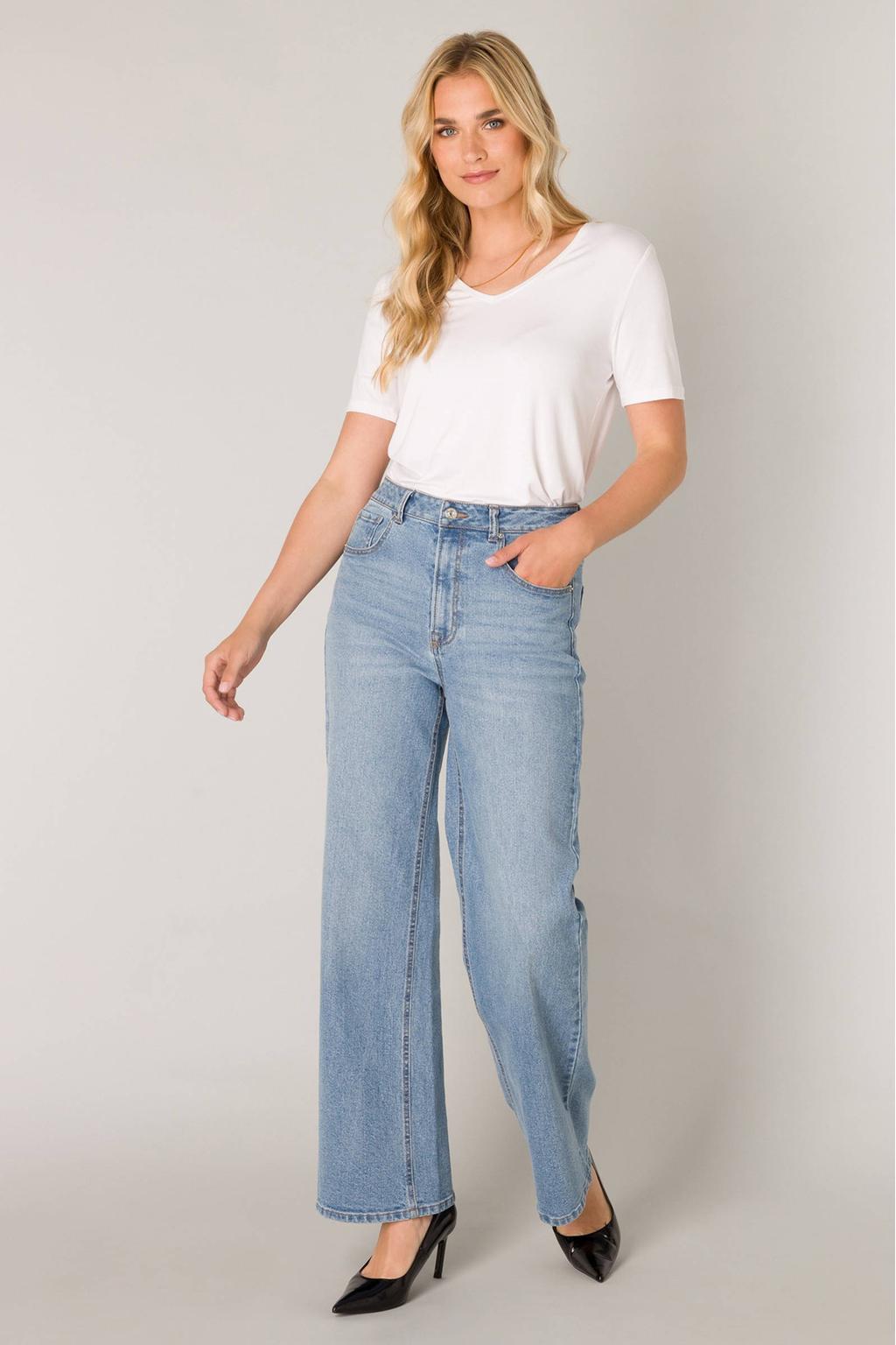 Light blue denim dames Base Level high waist wide leg jeans van denim met rits- en knoopsluiting en effen