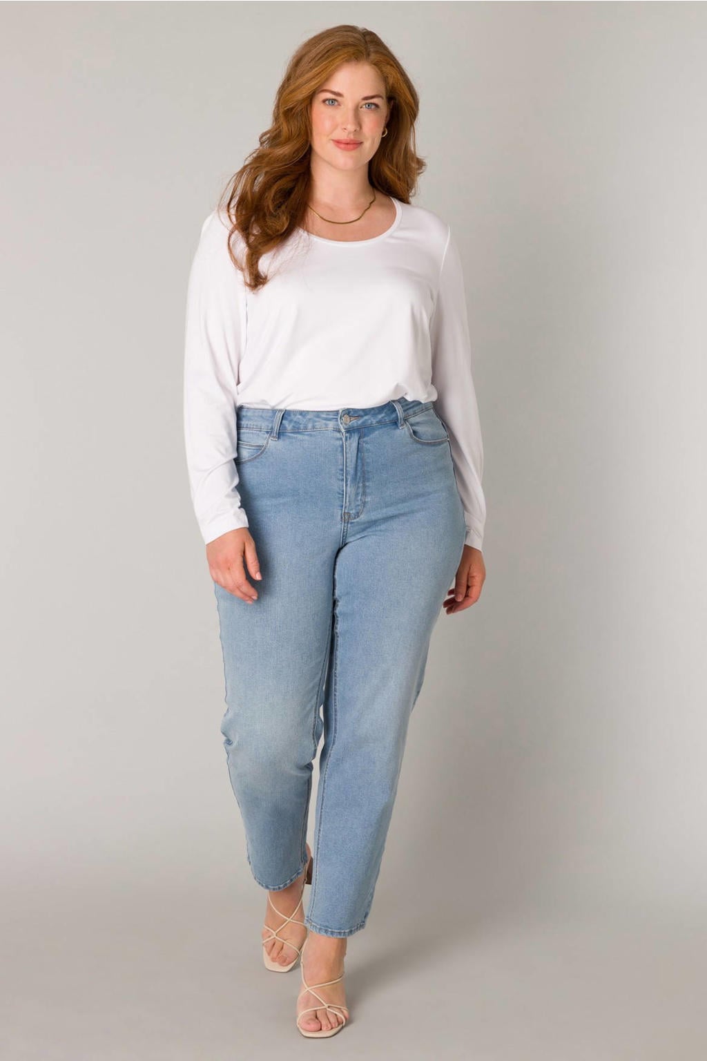 Lichtblauwe dames Base Level Curvy high waist slim fit jeans van katoen met effen