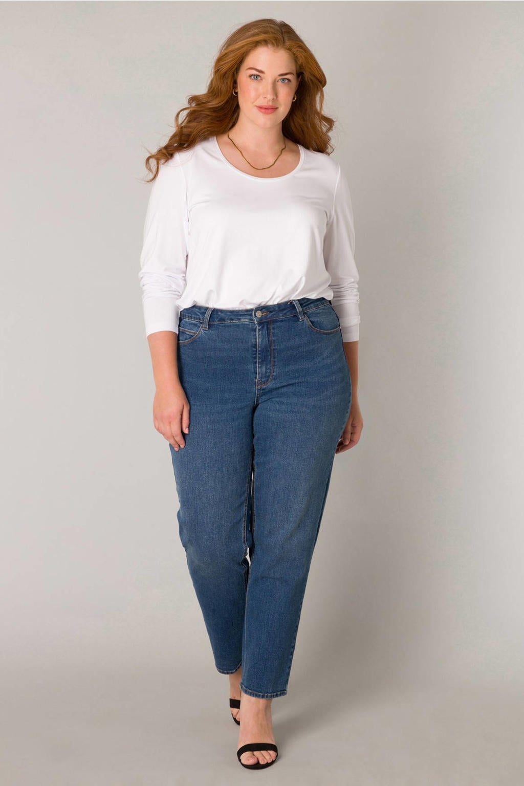 Dark blue denim dames Base Level Curvy high waist slim fit jeans dark blue van katoen met effen