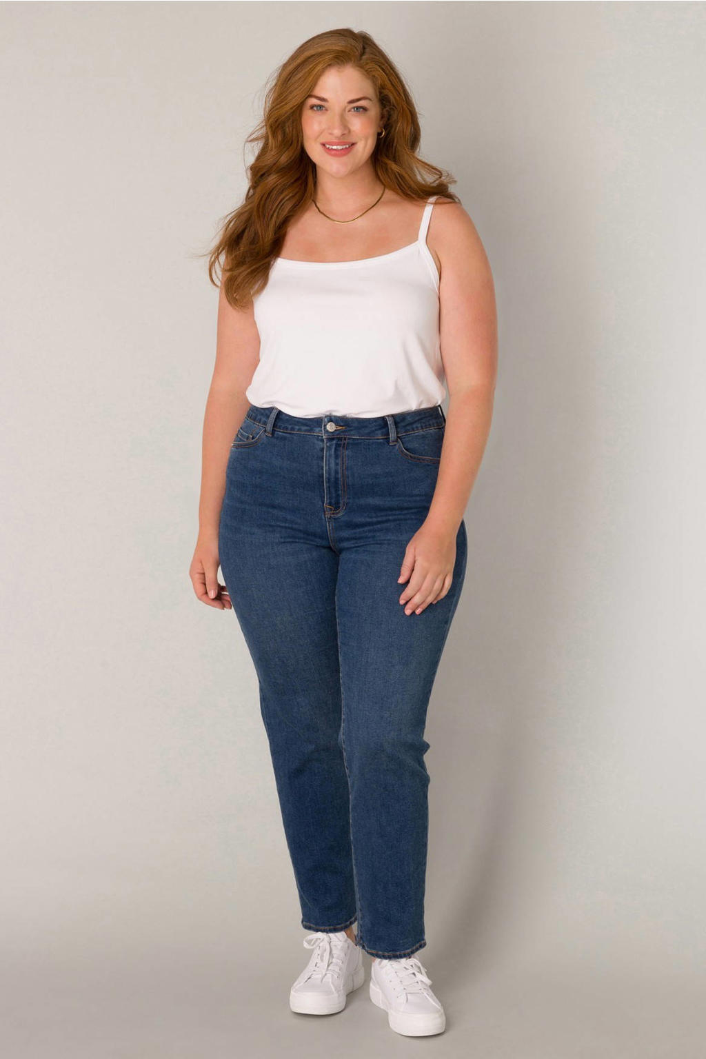 Dark blue denim dames Base Level Curvy high waist slim fit jeans dark blue van katoen met effen