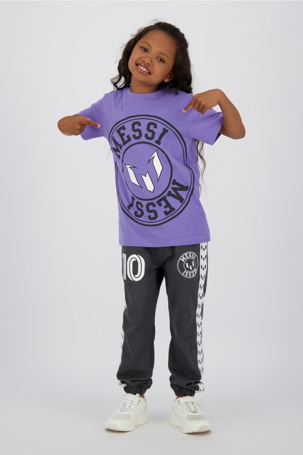 Paarse jongens en meisjes Messi T-shirt van polyester met logo dessin, korte mouwen en ronde hals