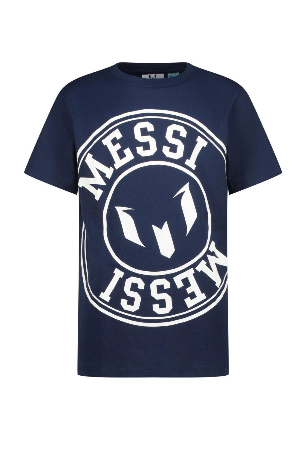 Donkerblauwe jongens en meisjes Messi T-shirt van polyester met logo dessin, korte mouwen en ronde hals