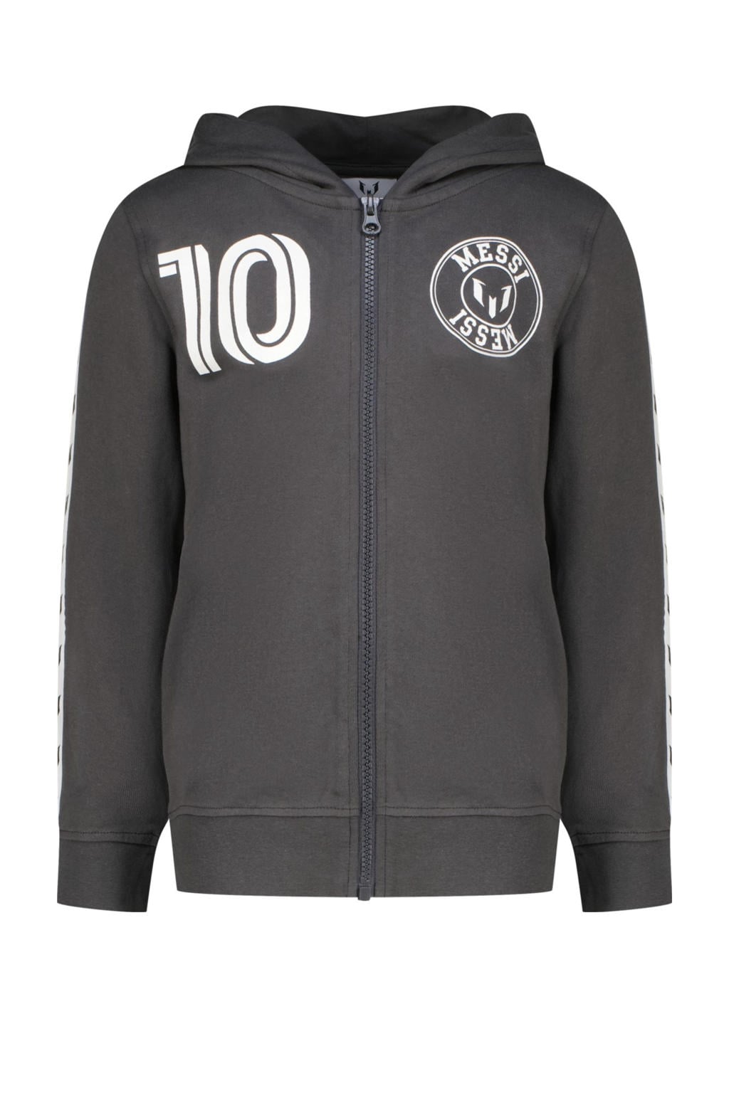 Grijze jongens en meisjes Messi sweatvest met printopdruk, lange mouwen, capuchon, ritssluiting en geribde boorden